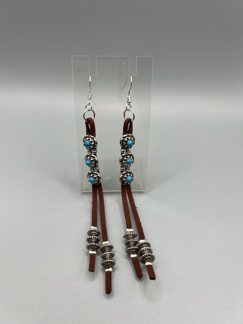 Boho Brown Leather Tassel Earrings with Turquoise Bead - Handmade #E0199C - Picture 2 of 4